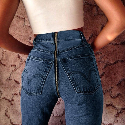 Clearance High Waist Pure Color Slim Back Hip Zipper Pencil Denim Jeans Pants