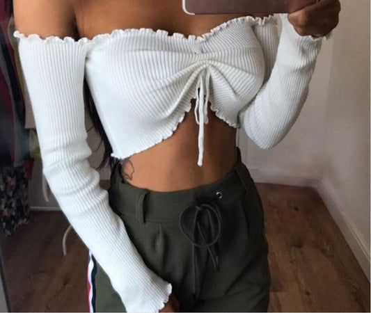 Off Shoulder Long Sleeve Smocked Crop Top