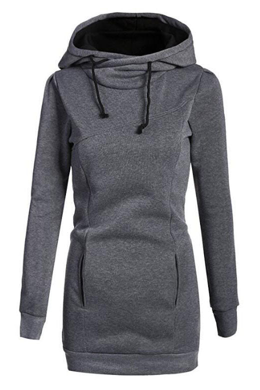 SlIm Solid Color Drawstring High Neck Pocket Sport Long Hoodie