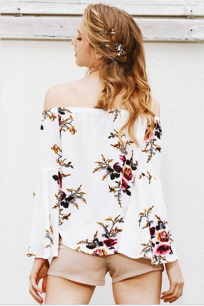 Off Shoulder Flower Print Long Trumpet Sleeves Blouse