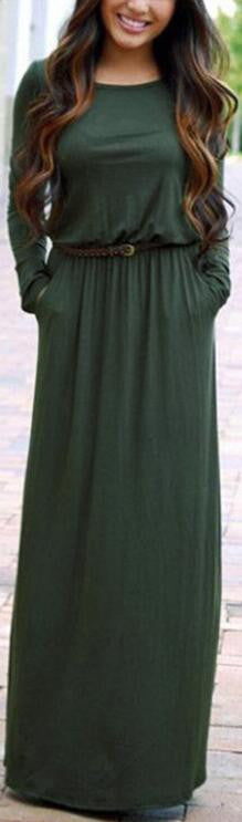 Long Sleeve Scoop Side Pockets Long Dress With Belt