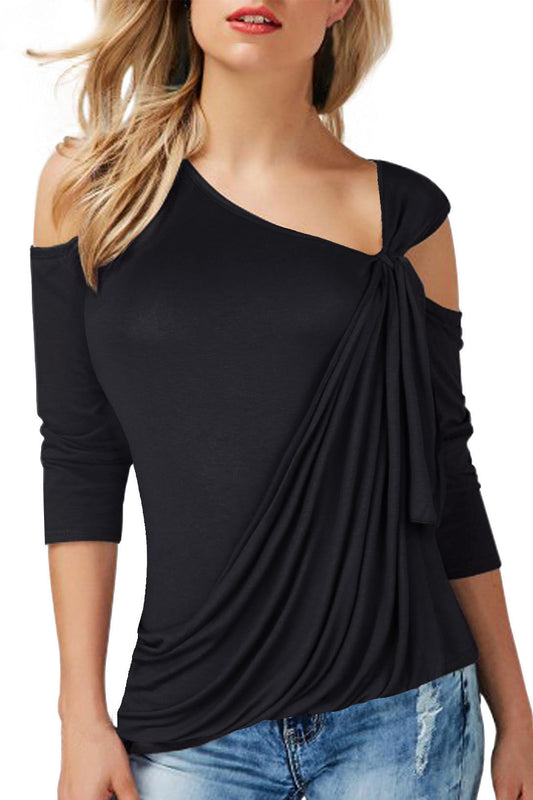 Cut Out Bear Shoulder Ruffles Slim T-shirt