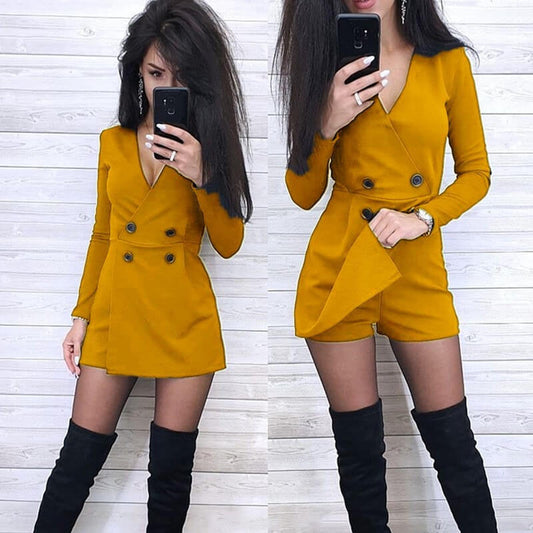 Bodycon Long Sleeves V Neck Buttton Plus Size Rompers