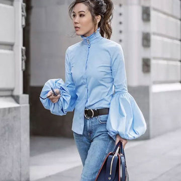 High Stand Collar Pure Color Long Lantern Sleeves Slim Blouse