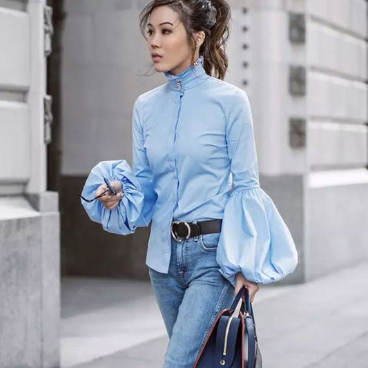 High Stand Collar Pure Color Long Lantern Sleeves Slim Blouse