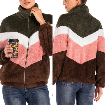 Fuzzy Turtleneck Zipper Patchwork Sweatshirts