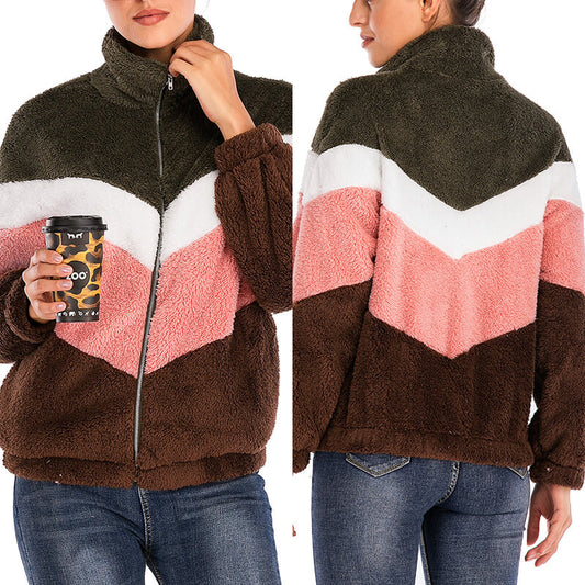 Fuzzy Turtleneck Zipper Patchwork Sweatshirt