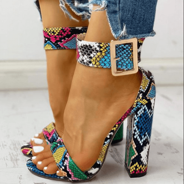 Summer Snakeskin Leather Buckle High Chunky Heel Sandals