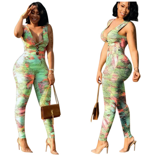 Multi color printing strap off shoulder Jumpsuit