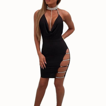 Sexy Bear Shoulder Cut Out Split Blackless Irregular Short Dress