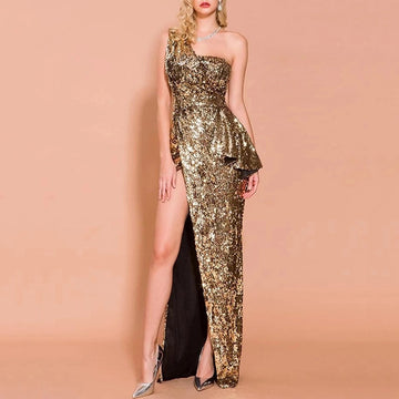 One Shoulder Sequin Slim Long Party Dress