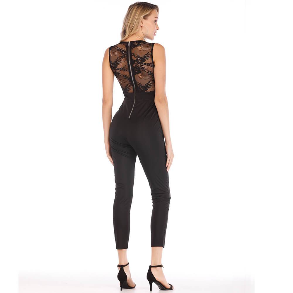 Lace Splice Sleeveless Black Jumpsuit