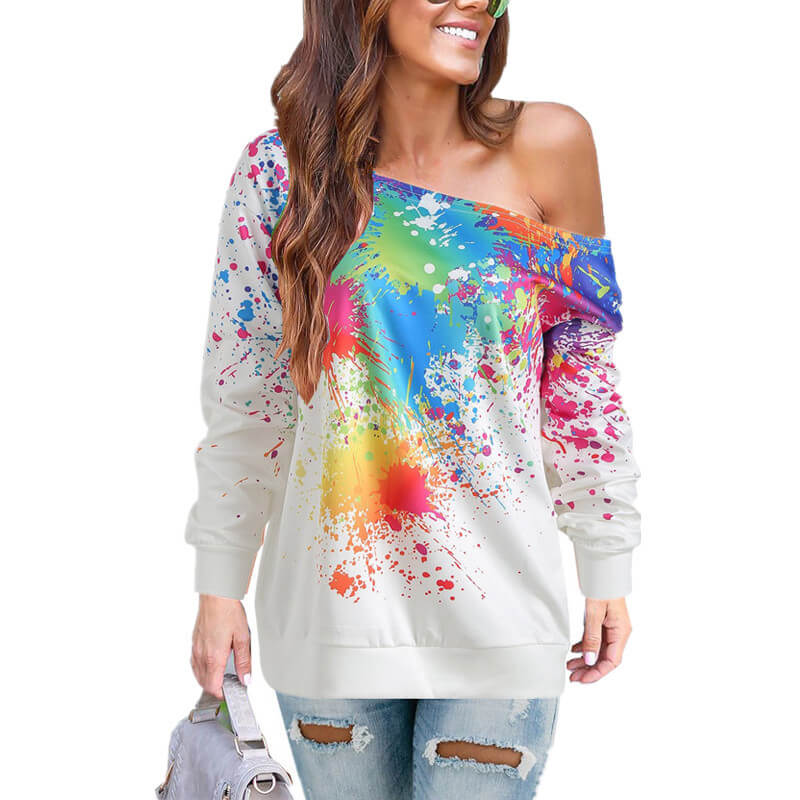 Skew Neck Print Stylish Hoodies