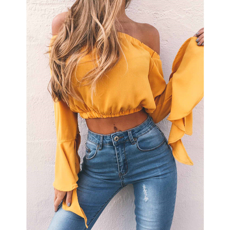 Off Shoulder Candy Color Long Trumpet Sleeves Short Blouse Crop Top