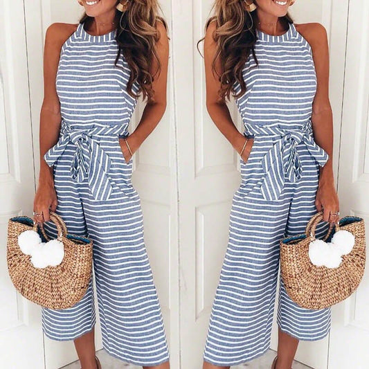 Wide Leg Stripe Cropped Jumpsuit