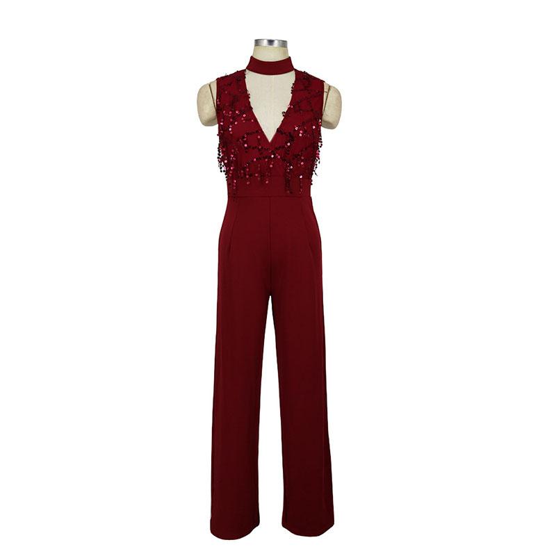 Sequin Patchwork Deep V Neck Jumpsuit