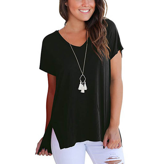 V-neck Loose Pure Color Split Blouse