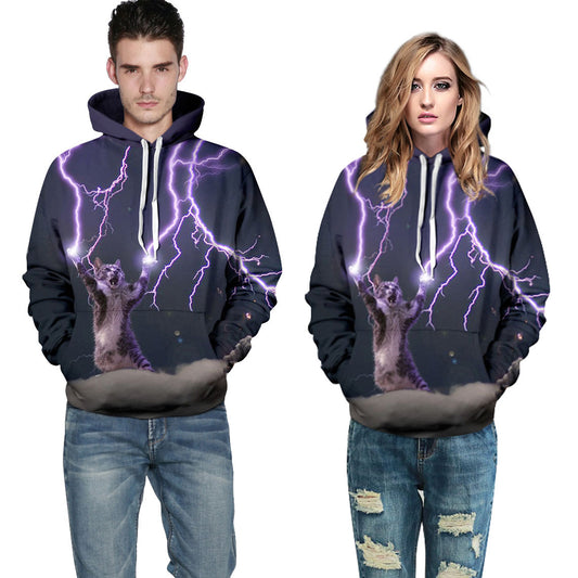 Galaxy Cat Print Drawstring Pocket Hoodie