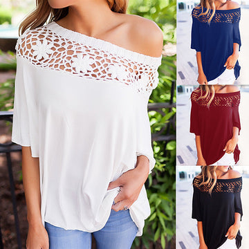 Pure Color Lace Off Shoulder Half Sleeves Blouse