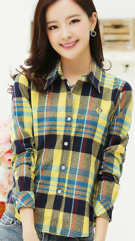 Plaid Turn-down Collar Flower Print Long Sleeves Slim Button Blouse