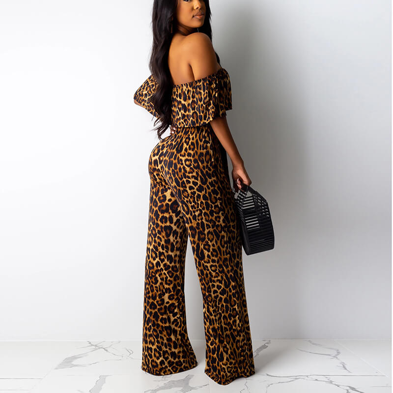 Leopard Off Shoulder Wide Leg Jumpsuits