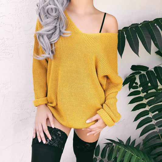 V-neck Lace-up Pure Color Knit Sweater