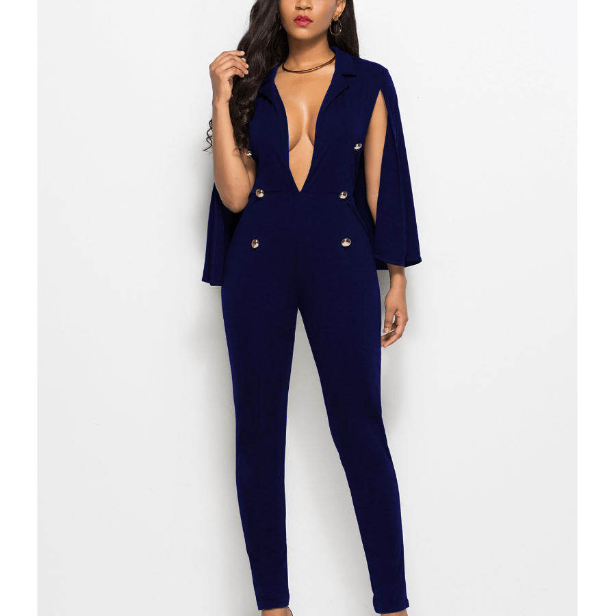 Overlay V Neck Skinny Cape Jumpsuits