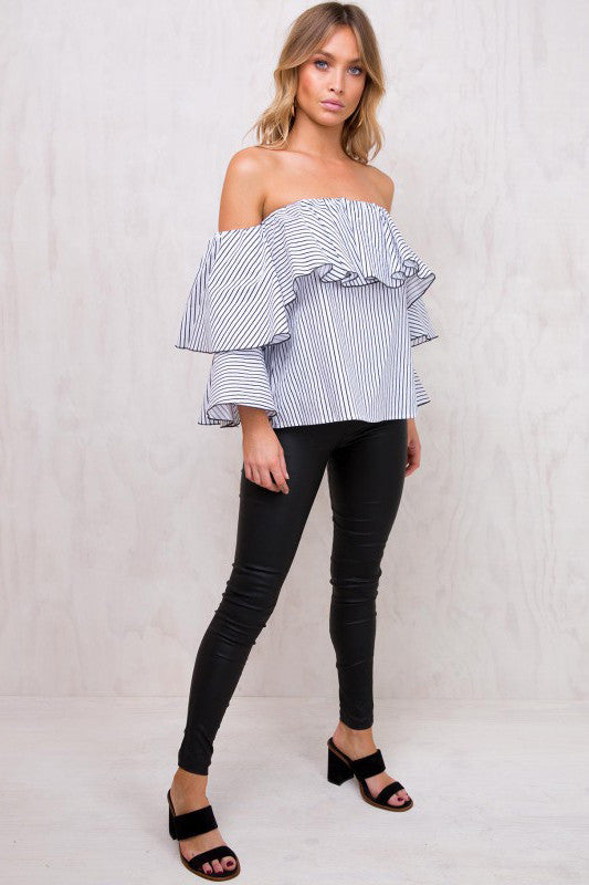 Stripe Off Shoulder Long Trumpet Sleeves Blouse