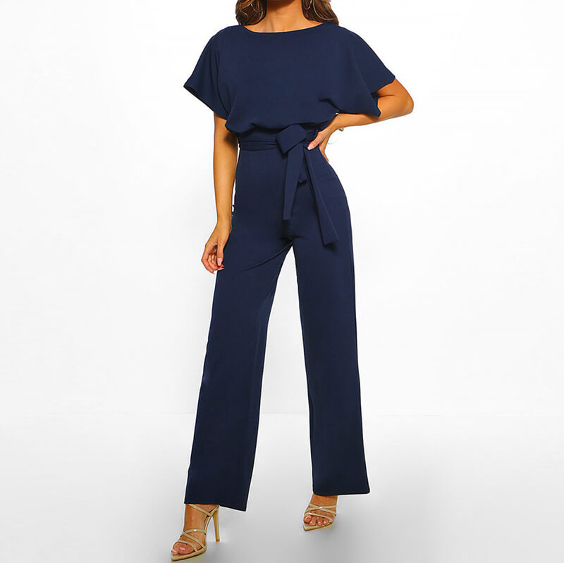 Short Sleeves Belt Wide Leg Jumpsuit