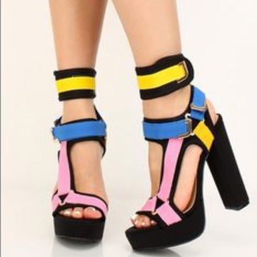 Buckle Platform Chunky Heel Colorblock High Heel Sandals