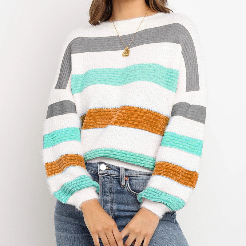 Crewneck Lantern Sleeve Colorblock Striped Sweater