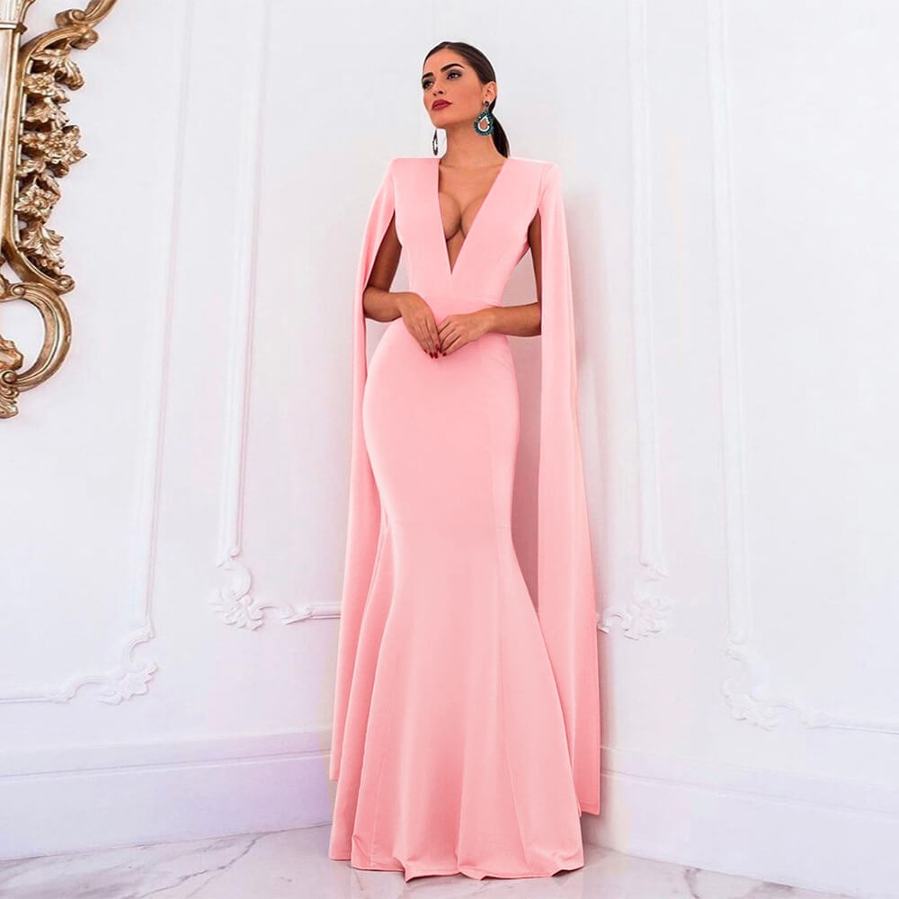 Cape Sleeve Deep V Neck Shawl Bodycon Maxi Dress