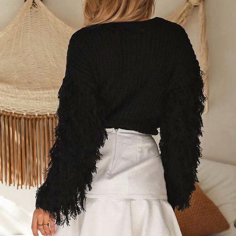 Loose Fringed Sleeve Crochet Pullover Sweater