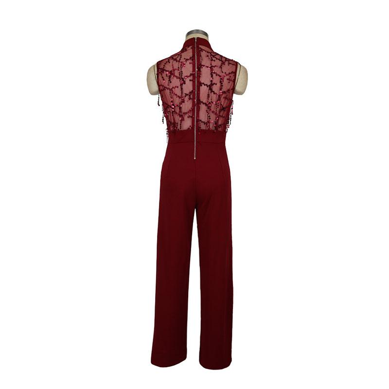 Sequin Patchwork Deep V Neck Jumpsuit