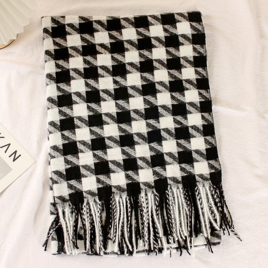 Houndstooth Imitated Cashmere Tassled  Shawl Scarf