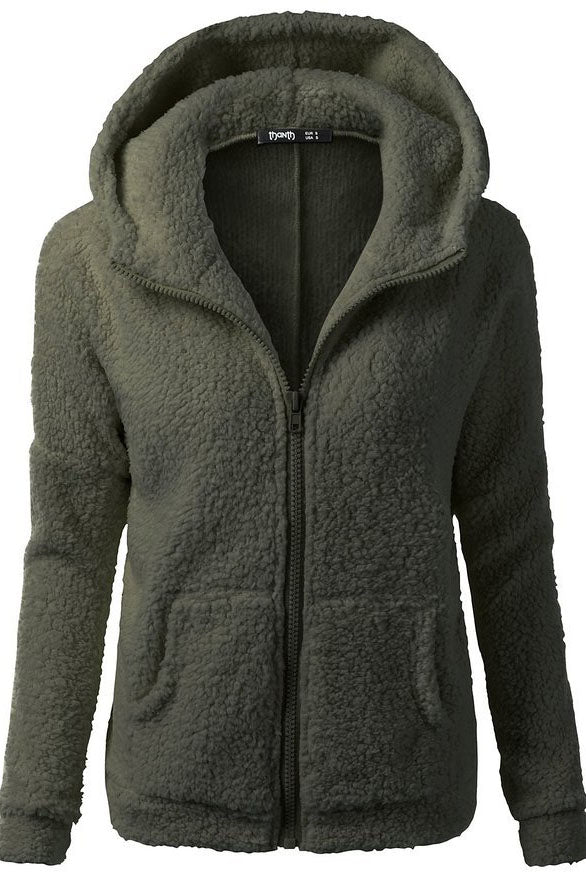 Zipper Pockets Solid Color Hooded Hoodie Coat