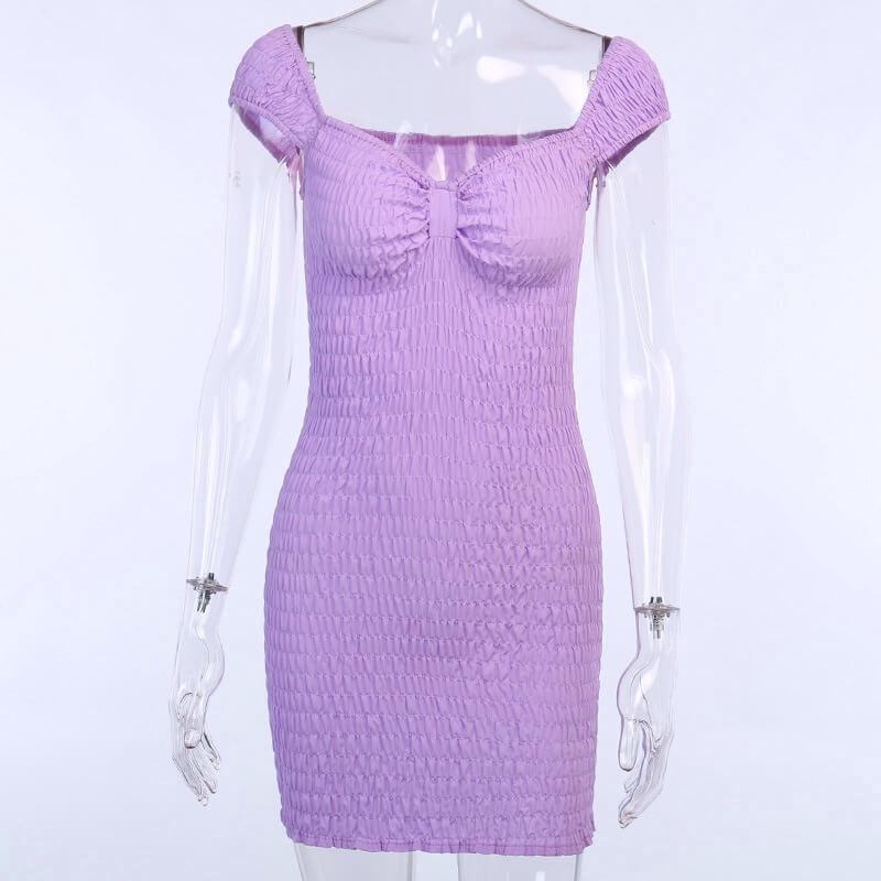 Purple Smocking Bodycon Short Dress