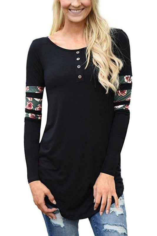 Patchwork Buttons Long Sleeves Loose Long Irregular T-shirt