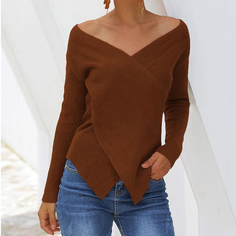 V Neck Patchwork Asymmetric Knit Sweater