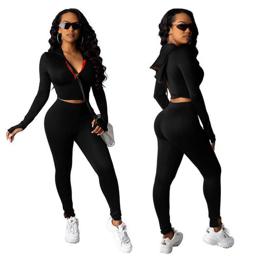 Hoodie Deep V-neck Crop Top High Waist Skinny Pants Set