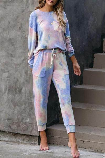 Pajamas Tie Dye Loose High Waist O Neck Strap Two Pieces Set