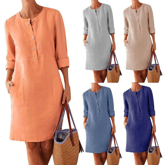 Loose O Neck Button Long Sleeve Plain Dress