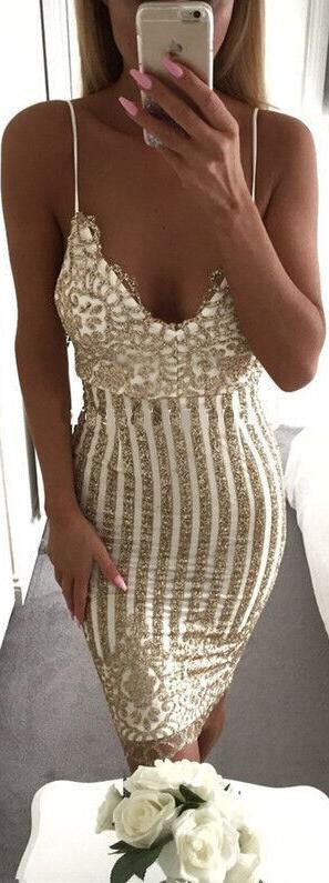 Sequins Spaghetti Strap Stripe Bodycon Knee-Length Dress