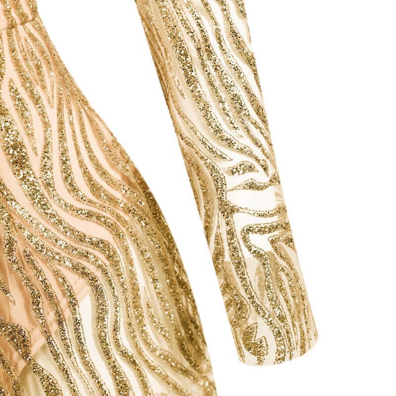 Golden Sequin Sheer Bodycon Long Sleeve Dress