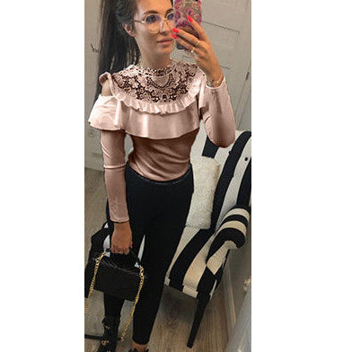 Lace Falbala Pure Color Long Sleeves Slim Blouse