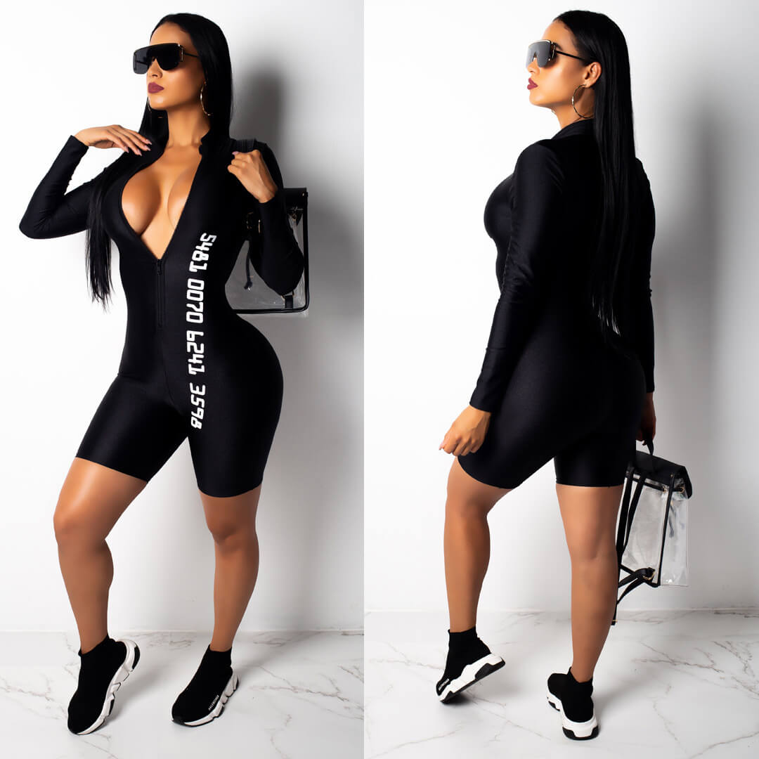 Letter Print Long Sleeve Black Rompers 