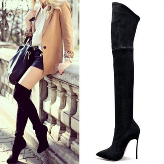 Suede Pointed Toe Stiletto High Heels Over the Knee Boots