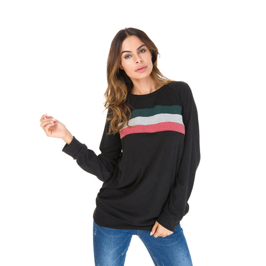 Patchwork Loose Scoop Long Sleeves Pullover T-shirt