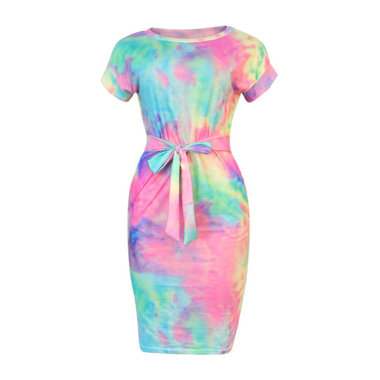 Tie Waist Multicolor Short Tight Dress