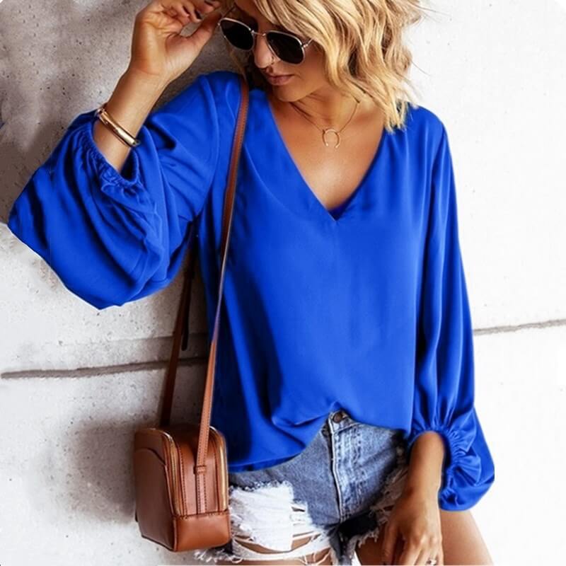 Lantern Sleeves Loose V-neck T-shirt